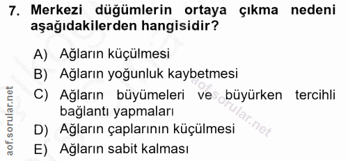 7. soru: Merkezi düğümlerin ortaya çıkma nedeni aşağıdakilerden hangisidir? A) Ağların küçülmesi B) Ağların yoğunluk kaybetmes…