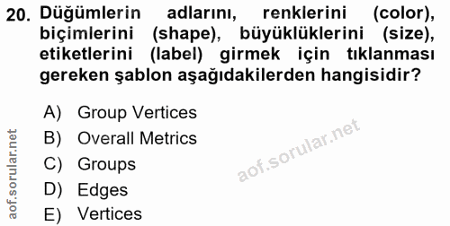 20. soru: Düğümlerin adlarinı, renklerini (color), biçimlerini (shape), büyüklüklerini (size), etiketlerini (label) girmek için…