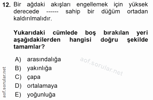 12. soru: Bir ağdaki akışları engellemek için yüksek derecede sahip bir düğüm ortadan kaldırılmalıdır. Yukarıdaki cümlede boş b…