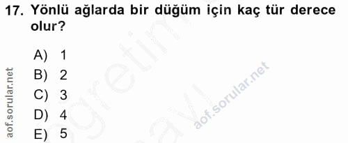 17. soru: Yönlü ağlarda bir düğüm için kaç tür derece olur? A) 1 B) 2 C) 3 D) 4 E) 5