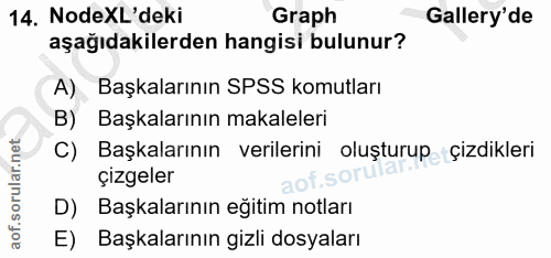 14. soru: NodeXL'deki Graph Gallery'de aşağıdakilerden hangisi bulunur? A) Başkalarının SPSS komutları B) Başkalarının makalele…