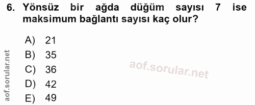 6. soru: Yönsüz bir ağda düğüm sayısı 7 ise maksimum bağlantı sayısı kaç olur? 21 B) 35 C) 36 D) 42 E) 49