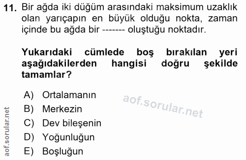 11. soru: Bir ağda iki düğüm arasındaki maksimum uzaklık olan yarıçapın en büyük olduğu nokta, zaman içinde bu ağda bir —-- olu…