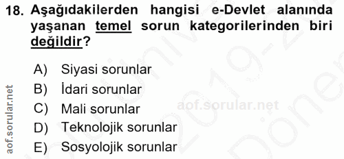 18. soru: Aşağıdakilerden hangisi e-Devlet alanında yaşanan temel sorun kategorilerinden biri değildir? A) Siyasi sorunlar B) I…