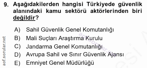 9. soru: Aşağıdakilerden hangisi Türkiyede güvenlik alanındaki kamu sektörü aktörlerinden biri değildir? A) Sahil Güvenlik Gen…