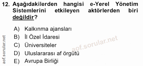 12. soru: Aşağıdakilerden hangisi e-Yerel Yönetim Sistemlerini etkileyen aktörlerden biri değildir? A) Kalkınma ajansları B) II…