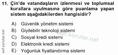 11. soru: Çin'de vatandaşların izlenmesi ve toplumsal kurallara uyulmasına göre puanlama yapan sistem aşağıdakilerden hangisidi…