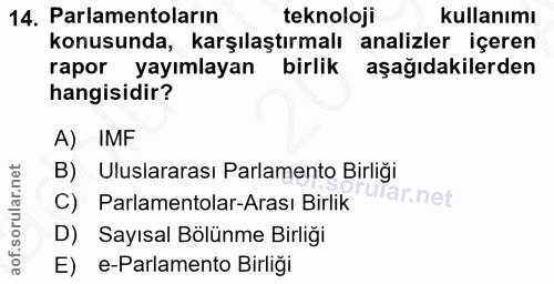 14. soru: Parlamentoların teknoloji kullanımı konusunda, karşılaştırmalı analizler içeren rapor yayımlayan birlik aşağıdakilerd…