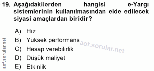 19. soru: Aşağıdakilerden hangisi e-Yargi sistemlerinin kullanılmasından elde edilecek siyasi amaçlardan biridir? B) Yüksek per…