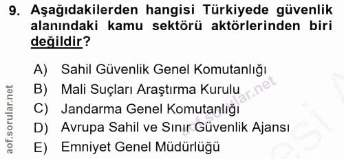 9. soru: Aşağıdakilerden hangisi Türkiyede güvenlik alanındaki kamu sektörü aktörlerinden biri değildir? A) Sahil Güvenlik Gen…