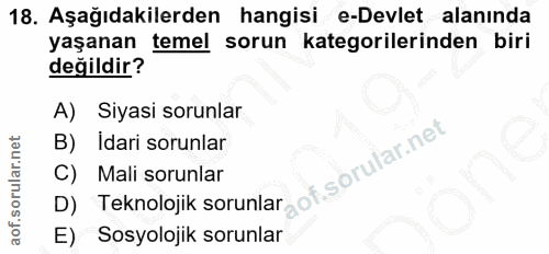18. soru: Aşağıdakilerden hangisi e-Devlet alanında yaşanan temel sorun kategorilerinden biri değildir? A) Siyasi sorunlar Idar…