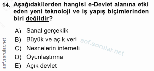 14. soru: Aşağıdakilerden hangisi e-Devlet alanına etki eden yeni teknoloji ve iş yapış biçimlerinden biri değildir? A) Sanal g…