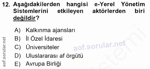 12. soru: Aşağıdakilerden hangisi e-Yerel Yönetim Sistemlerini etkileyen aktörlerden biri değildir? A) Kalkınma ajansları B) iI…