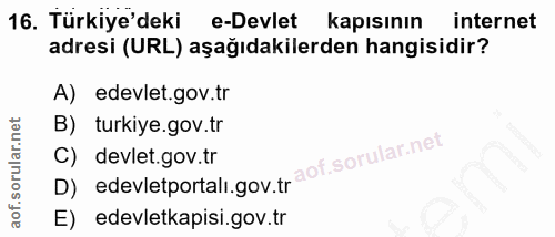 16. soru: Türkiye'deki e-Devlet kapısının internet adresi (URL) aşağıdakilerden hangisidir? A) edevlet.gov.tr B) turkiye.gov.tr…