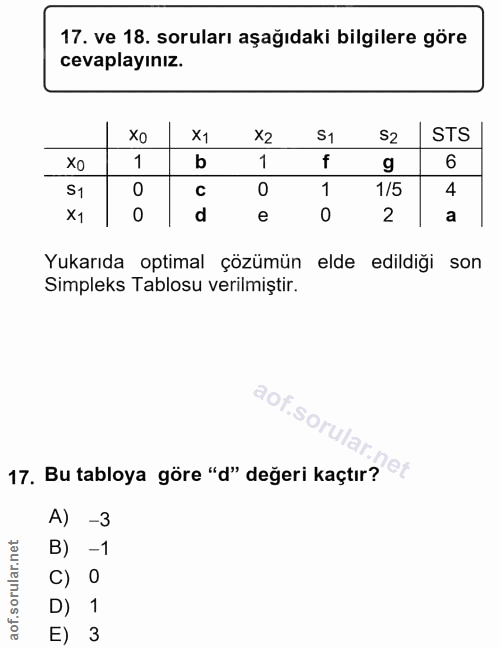 17. soru: ve 18. soruları aşağıdaki bilgilere göre cevaplayınız. x1 X2 S1 52 STS XO 1 b 1 g 6 1 1/5 4 x1 d e 2 a Yukarıda optim…