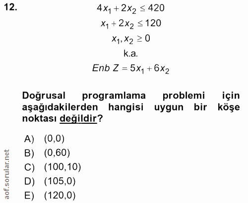12. soru: 4x1+2x2 ≤420 x1+2x2=120 x1, x2 ≥ 0 k.a. Enb Z = 5x1+6x2 Doğrusal programlama problemi için aşağıdakilerden hangisi uy…
