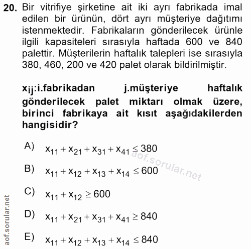 20. soru: Bir vitrifiye şirketine ait iki ayrı fabrikada imal edilen bir ürünün, dört ayrı müşteriye dağıtımı istenmektedir. Fa…