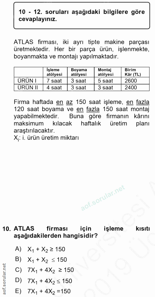 10. soru: 10 - 12. soruları aşağıdaki bilgilere göre cevaplayınız. ATLAS firması, iki ayrı tipte makine parçası üretmektedir. H…