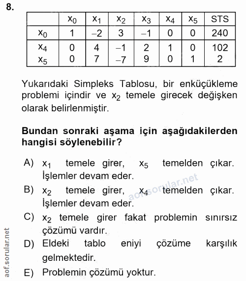 8. soru: x1 X2 X3 X4 X5 STS 1 -2 3 1- -1 240 X4 4 -1 2 102 X5 7 -7 9 2 Yukarıdaki Simpleks Tablosu, bir enküçükleme problemi i…