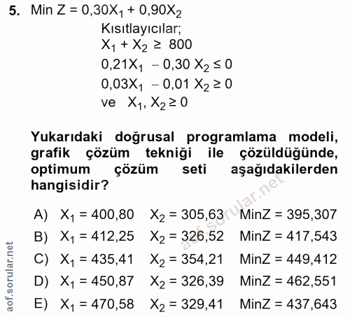 5. soru: Min Z = 0,30X, + 0,90X2 Kısıtlayıcılar; x, + X2 ≥ 800 0,21X, - 0,30 X2 ≤ 0 0,03X, - 0,01 X2 ≥ 0 ve X1, X2≥ 0 Yukarıda…
