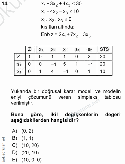 14. soru: X,+3x2+4x3=30 x,+4X2-X3 ≤10 X1, X2, Xz ≥ 0 kısıtları altında; Enb z= 2x, +7X2-3X3 X2 X3 S1 S2 STS 1 1 1 2 20 S1 - 1 5…