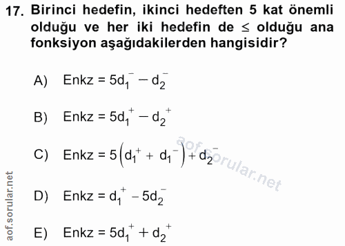 17. soru: Birinci hedefin, ikinci hedeften 5 kat önemli olduğu ve her iki hedefin de ≤ olduğu ana fonksiyon aşağıdakilerden han…