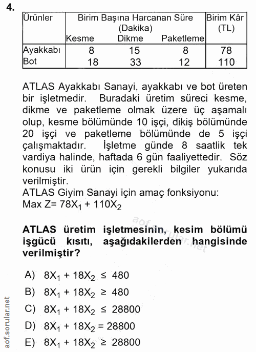 4. soru: Ürünler Birim Başına Harcanan Süre Birim Kâr (Dakika) (TL) Kesme Dikme Paketleme Ayakkabı 15 8 78 Bot 18 33 12 110 AT…
