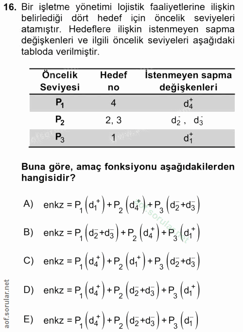 16. soru: Bir işletme yönetimi lojistik faaliyetlerine ilişkin belirlediği dört hedef için öncelik seviyeleri atamıştır. Hedefl…
