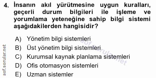 4. soru: İnsanın akıl yürütmesine uygun kuralları, geçerli durum bilgileri ile işleme ve yorumlama yeteneğine sahip bilgi sist…