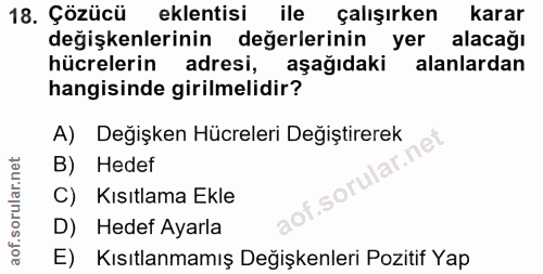 18. soru: Çözücü eklentisi ile çalışırken karar değişkenlerinin değerlerinin yer alacağı hücrelerin adresi, aşağıdaki alanlarda…