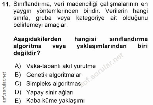 11. soru: Sınıflandırma, veri madenciliği çalışmalarının en yaygın yöntemlerinden biridir. Verilerin hangi sınıfa, gruba veya k…