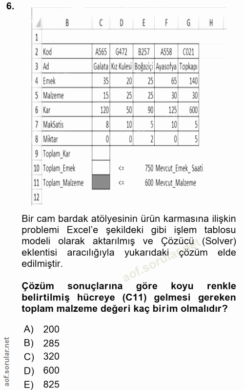 6. soru: B C D E G Kod A565 G472 B257 A558 CO21 3 Ad Galata Kız Kulesi Boğazıçı Ayasofya Topkapı 4 Emek 35 20 25 65 140 5 Malz…