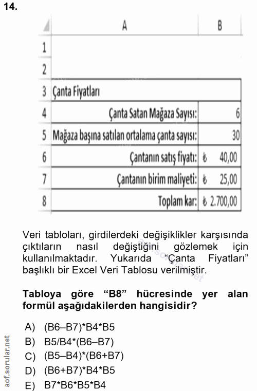 14. soru: B 1 2 3 Çanta Fiyatları 4 Çanta Satan Mağaza Sayısı: 6 5 Mağaza başına satılan ortalama çanta sayısı: 6 Cantanın sati…
