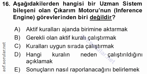 16. soru: Aşağıdakilerden hangisi bir Uzman Sistem bileşeni olan Çıkarım Motoru'nun (Inference Engine) görevlerinden biri değil…