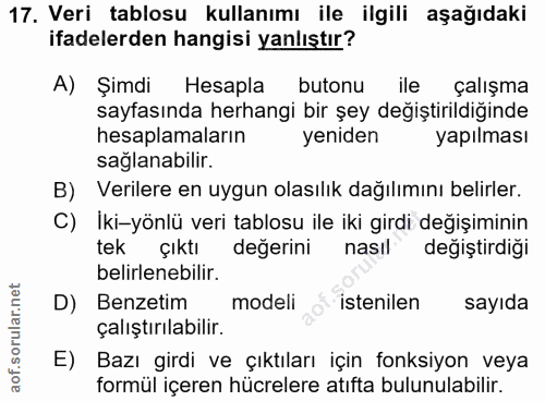 17. soru: Veri tablosu kullanımı ile ilgili aşağıdaki ifadelerden hangisi yanlıştır? A) Şimdi Hesapla butonu ile çalışma sayfas…