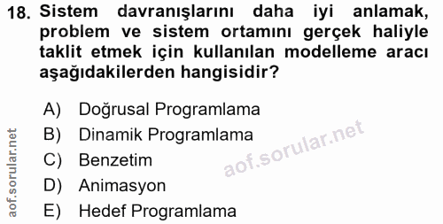 18. soru: Sistem davranışlarını daha iyi anlamak, problem ve sistem ortamını gerçek haliyle taklit etmek için kullanılan modell…