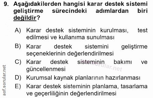 9. soru: Aşağıdakilerden hangisi karar destek sistemi geliştirme sürecindeki adımlardan biri değildir? A) Karar destek sistemi…