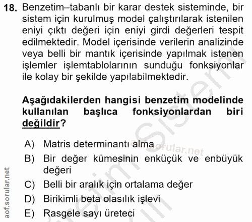 18. soru: Benzetim-tabanlı bir karar destek sisteminde, bir sistem için kurulmuş model çalıştırılarak istenilen eniyi çıktı değ…