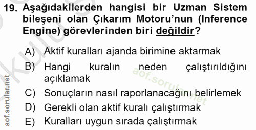 19. soru: Aşağıdakilerden hangisi bir Uzman Sistem bileşeni olan Çıkarım Motoru'nun (Inference Engine) görevlerinden biri değil…