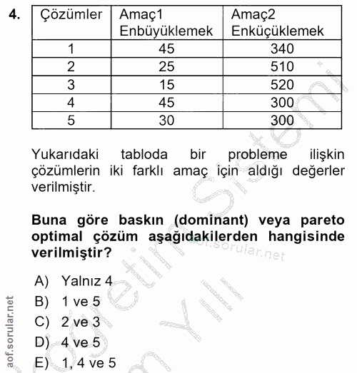 4. soru: Çözümler Amaç1 Amaç2 Enbüyüklemek Enküçüklemek 1 45 340 2 25 510 15 520 45 300 5 30 300 Yukarıdaki tabloda bir proble…
