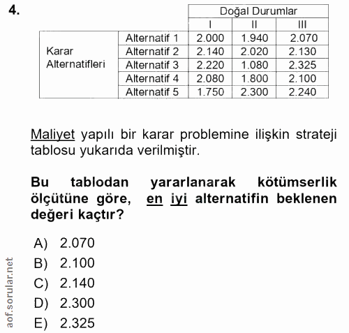 4. soru: Doğal Durumlar I!I Alternatif 1 2.000 1.940 2.070 Karar Alternatif 2 2.140 2.020 2.130 Alternatifleri Alternatif 3 2.…