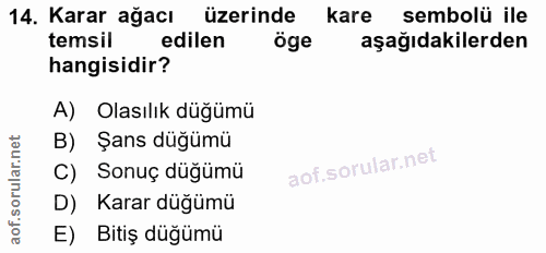 14. soru: Karar ağacı üzerinde kare sembolü ile temsil edilen öge aşağıdakilerden hangisidir? A) Olasılık düğümü B) Şans düğümü…