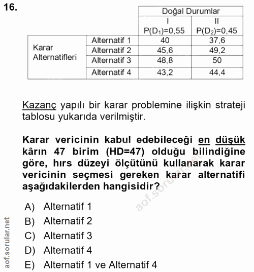 16. soru: Doğal Durumlar P(D1)=0,55 P(D2)=0,45 Alternatif 1 40 37,6 Karar Alternatif 2 45,6 49,2 Alternatifleri Alternatif 3 48…