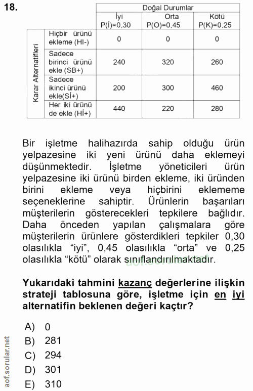 18. soru: Doğal Durumlar İyi Orta Kötü P(j)=0.30 P(O)=0.45 P(K)=0.25 Hiçbir ürünü ekleme (HI-) Sadece birinci ürünü 240 320 260…