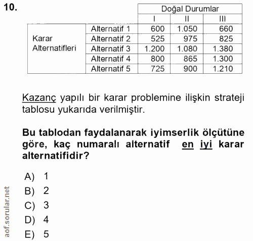 10. soru: Doğal Durumlar !!I Alternatif 1 600 1.050 660 Karar Alternatif 2 525 975 825 Alternatifleri Alternatif 3 1.200 1.080…