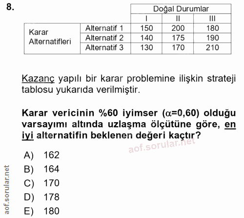 8. soru: Doğal Durumlar 1 !II Karar Alternatif 1 150 200 180 Alternatifleri Alternatif 2 140 175 190 Alternatif 3 130 170 210…