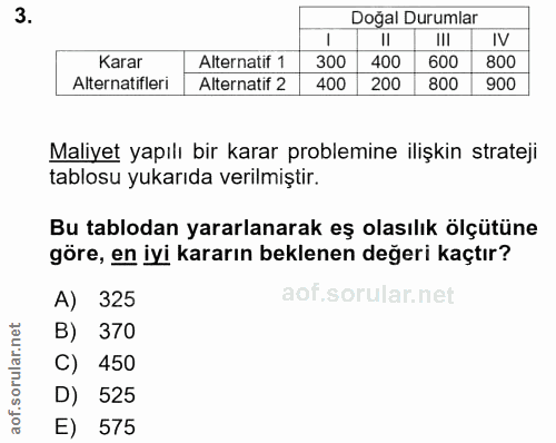 3. soru: Doğal Durumlar IV Karar Alternatif 1 300 400 600 800 Alternatifleri Alternatif 2 400 200 800 900 Maliyet yapılı bir k…
