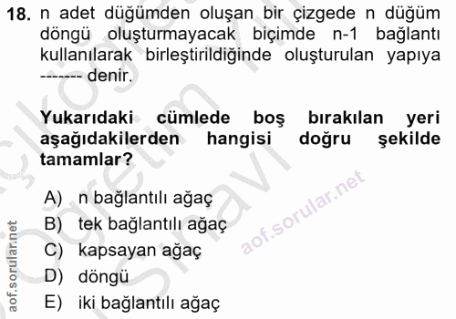 18. soru: n adet düğümden oluşan bir çizgede n düğüm döngü oluşturmayacak biçimde n-1 bağlantı kullanılarak birleştirildiğinde…