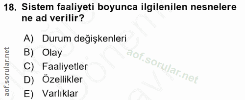 18. soru: Sistem faaliyeti boyunca ilgilenilen nesnelere ne ad verilir? A) Durum değişkenleri B) Olay C) Faaliyetler D) Özellik…