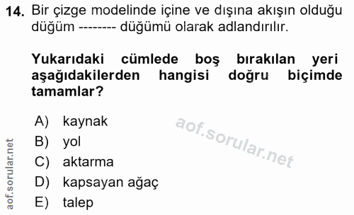 14. soru: Bir çizge modelinde içine ve dışına akışın olduğu duğüm --- --- düğümü olarak adlandırılır. Yukarıdaki cümlede boş bı…